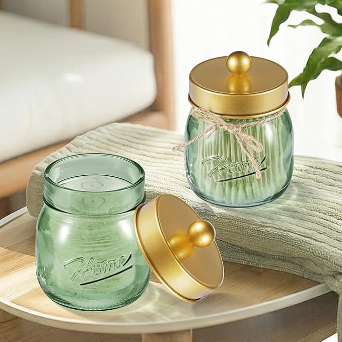 SheeChung Green Glass Qtip Holder Dispenser, Mason Jar Apothecary Jars with Lids, Bathroom Organizers and Storage, Vanity Countertop Canisters Set for Cotton Swab, Ball, Pad, Floss Pick-Gold, 1 Pc