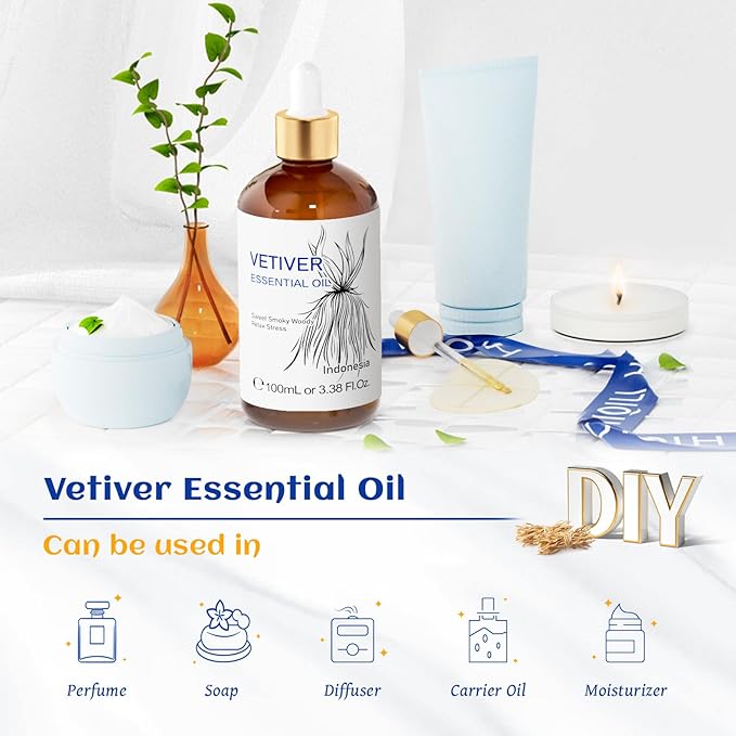 HIQILI 100ML Vetiver Essential Oil, 100% Pure Natural for Diffuser Calm and Relation- 3.38 Fl Oz