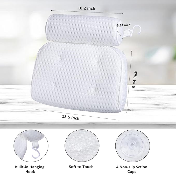 Bath Pillow for Tub Support Neck and Back, Bathtub Pillow Bath Accessories for Bathtub Women, Hot Tub Accessories for Adults White