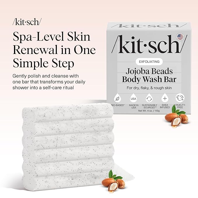 Kitsch Jojoba Beads Exfoliating Body Wash Bar – Nourishing Bar Soap with Shea Butter & Aloe for Dry, Flaky Skin – Soap bar & Body Scrub for Smooth, Refreshed Skin – Rosemary & Cedarwood Scent - 4 oz