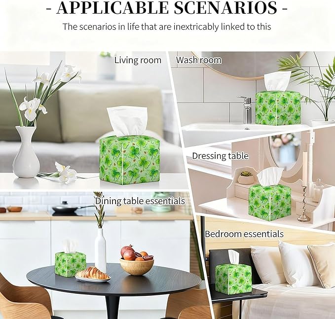 Lucky Clover Tissue Box Cover St. Patrick's Day Leather Tissue Box Holder Square Facial Paper Organizer Dispenser for Bathroom Kitchen Bedroom Vanity Countertop Night Stands