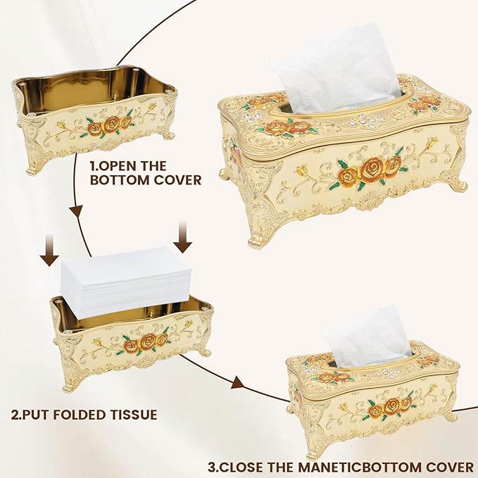 Geesatis Tissue Box Cover, Rectangle Tissue Box Holder, Rectangular Napkin Facial Tissues Holder for Bathroom Toilet Bedroom Living Room Table Desk Office Dresser, 1 Pcs Golden 9.05''x4.93''x3.74''
