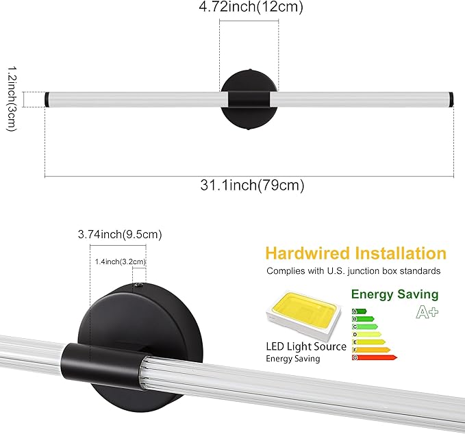 Bathroom Wall Sconces Set of 2 Hardwired Dimmable 5CCT LED Bathroom Light Fixtures Over Mirror 360° Full Lighting 31" Long Vanity Light Bar Modern Black Wall Sconce for Bath Bedroom Living Room