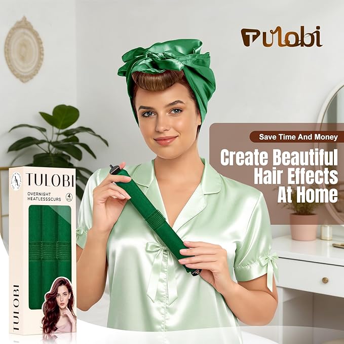 TULOBI 3 Pcs Heatless Curls Overnight - Upgraded Velvet Heatless Hair Curler with Velcro Fastener, Overnight Jumbo Blowout Rods, Hair Curlers to Sleep in for All Hair Types (Green)