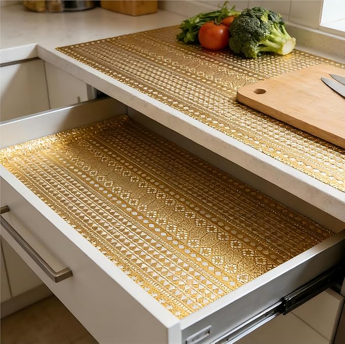Shelf and Drawer Liner for Kitchen Cabinet,Non-Adhesive Waterproof Oil-Proof Easy Clean Shelf Liner for Dresser & Bathroom Vanities with Adhesive Dots & Cutting Tool(17 in X 30 Ft Gold Lace)