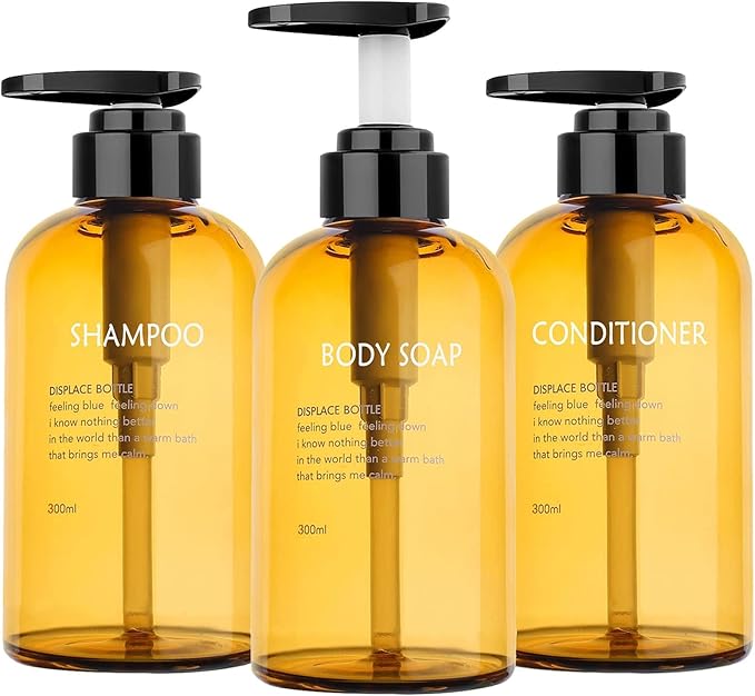 3pcs Refillable Shampoo and Conditioner Bottles, 16.9oz/500ml Shampoo Conditioner Body Wash Dispenser for Hotel Bathroom, 3pcs Plastic Shampoo Bottles with Pump (Amber)