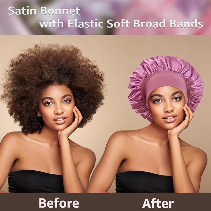 2 Pack Satin Bonnet Silk Bonnet for Sleeping Women, Hair Sleep Bonnets for Women, Wide Soft Band Large Sleep Cap for Curly Hair Braids
