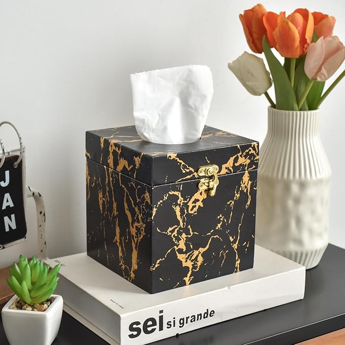 Black and Gold Marble Tissue Box Cover for Kleenex Box, Modern Elegant Tissue Box Holder with Lock for Bathroom, Bedroom, and Living Room, Square Shape Toilet Tissue Holder Organizer