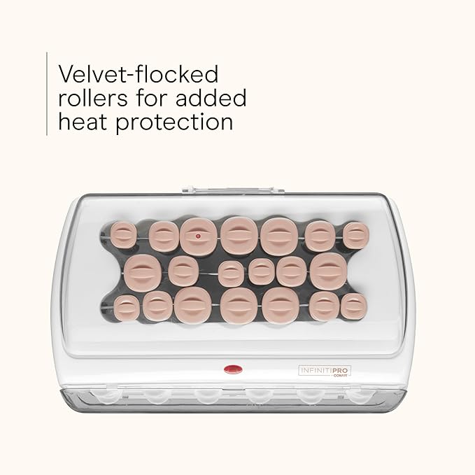 INFINITI PRO CONAIR Ceramic Flocked Hot Rollers for Women, 20 Assorted Hair Curlers with Clips, 85-Second Heat-Up, For Long, Medium, and All Hair, White