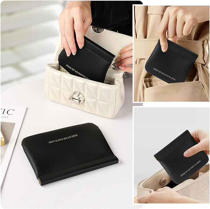 2 Pack Small Makeup Bag for Women, New Organosilicon Super Fiber PU Leather Mini Cosmetic Bag for Travel, Coin Purse Organizer Storage Pouch (Printed with Phrase, Black)