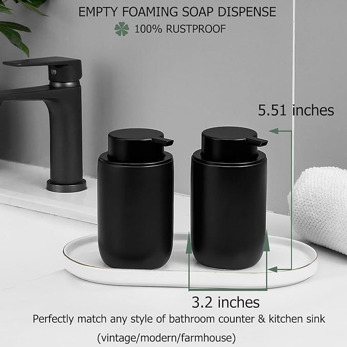 Foaming Soap Dispenser Thick Ceramic Foam Hand Soap Dispenser for Bathroom or Kitchen Sink, Liquid Pump Bottles for Hand soap, Body Wash, 2 Pack Black