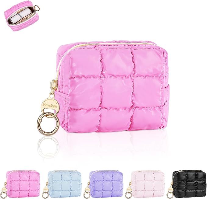 Puffy Mini Makeup Bag, Cute Quilted Small Cosmetic Bag for Purse, Portable Travel Makeup Pouch for Lipsticks, Chapsticks, Earphone, Credit Card, Birthday/Wedding/Christmas Gifts (Rose Red)