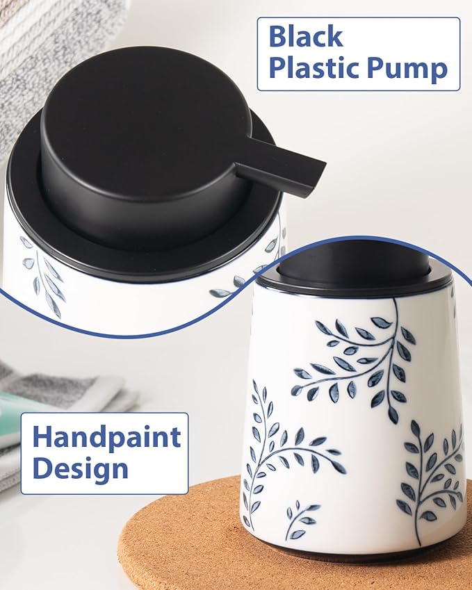 Hand Soap Dispenser for Bathroom, Ceramic Lotion Dispenser, Chinoiserie Bathroom Accessories, Blue and White Leaf