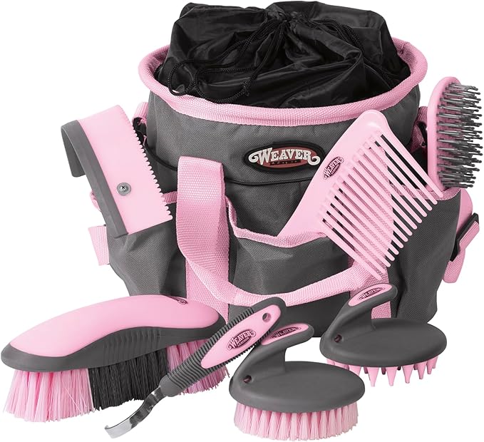 Weaver Equine Horse Grooming Kit, 7-Piece Horse Brush Set with Organizer Tote Bag, Hoof Pick, Comb, Sweat Scraper, Equine Tools for Daily Grooming, Gray/Pink