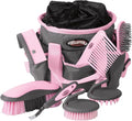Weaver Equine Horse Grooming Kit, 7-Piece Horse Brush Set with Organizer Tote Bag, Hoof Pick, Comb, Sweat Scraper, Equine Tools for Daily Grooming, Gray/Pink