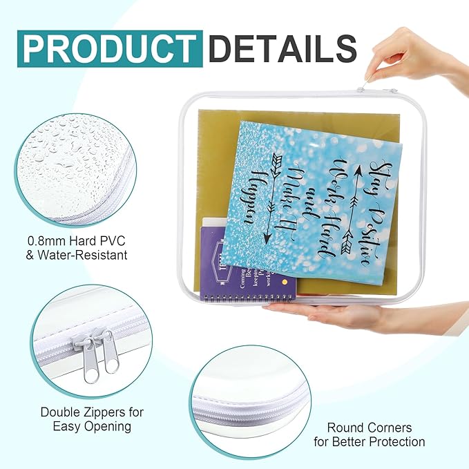 Hoolerry 4 Pcs Hard Clear Zipper Case Makeup Bags Plastic Zipper Pouch Transparent Storage Box Containers for Cosmetics, Snacks, Building Blocks, Puzzles(Clear,13.8 x 11.8 x 2 in,White)