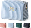 COSHAYSOO Travel Makeup Bag Quilted Make Up Pouch Initial Cosmetic Case for Women Hair Eyebrow Eyeshadow Brushes Powder Foundation Blush Bronzer Contour Palette Items Organizer Blue Letter R