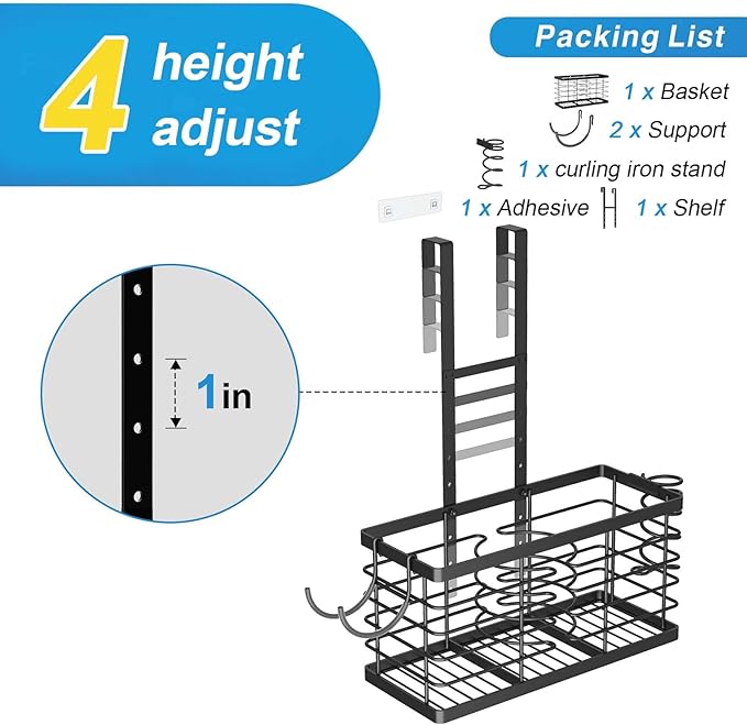 Hair Tool Organizer, 3-in-1 Universal Hair Dryer Holder, Adjustable Height Metal Blow Dryer Holder Wall Mounted/Over Cabinet Door/Free-Standing, 12.2 * 5 * 6.1" (XL Black)