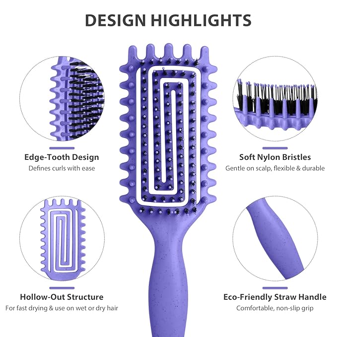 Curly Hair Brush, Curl Defining Brush for Women and Men, Effortless Detangling and Shaping for Curls, Waves and Coils, Reduces Pulling, Smooth Results (Purple)