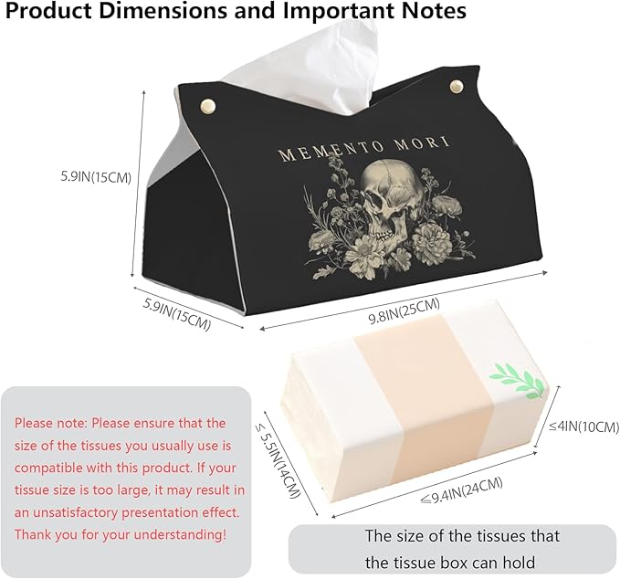 Memento Mori Skull Blck Leather Tissue Box Cover Rectangle,Academia Catholic Toilet Paper Box Holder,Gothic Decorative Facial Paper Case for Living Room Kitchen Office Desk,9.8x5.9x5.9