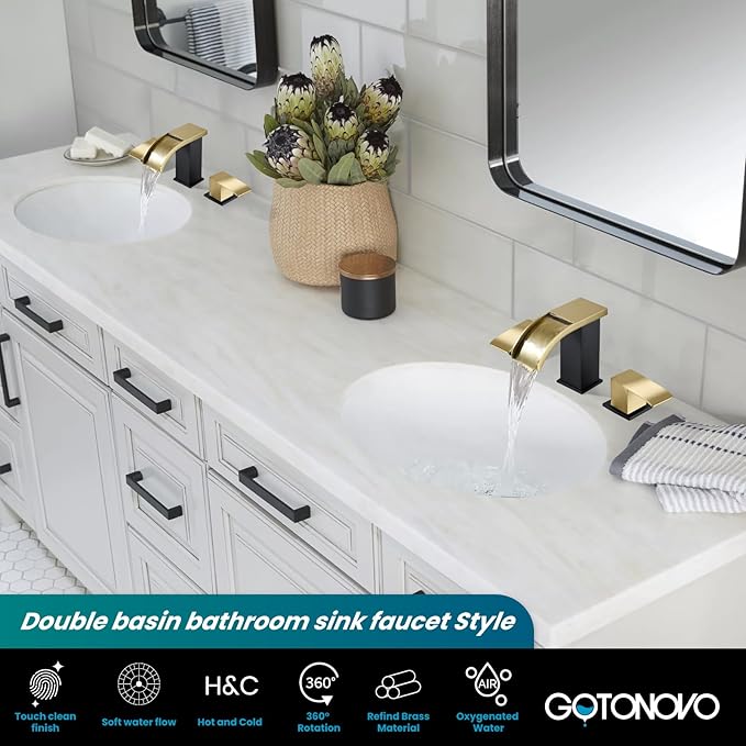 gotonovo Waterfall 8 inch Widespread Bathroom Faucet Set Bathroom Sink Faucet 3 Hole 2 Handle Vanity Lavatory Deck Mount with Pop Up Drain and Water Supply Lines Square Body Gold and Matte Black