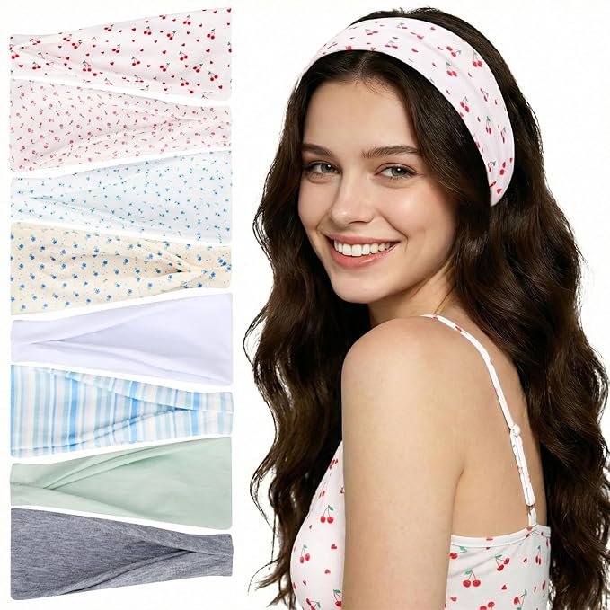 obeoby 8 Pack Cherry Headbands for Spring Summer Outfits, Non Slip Fashion Floral Headbands for Women Girls
