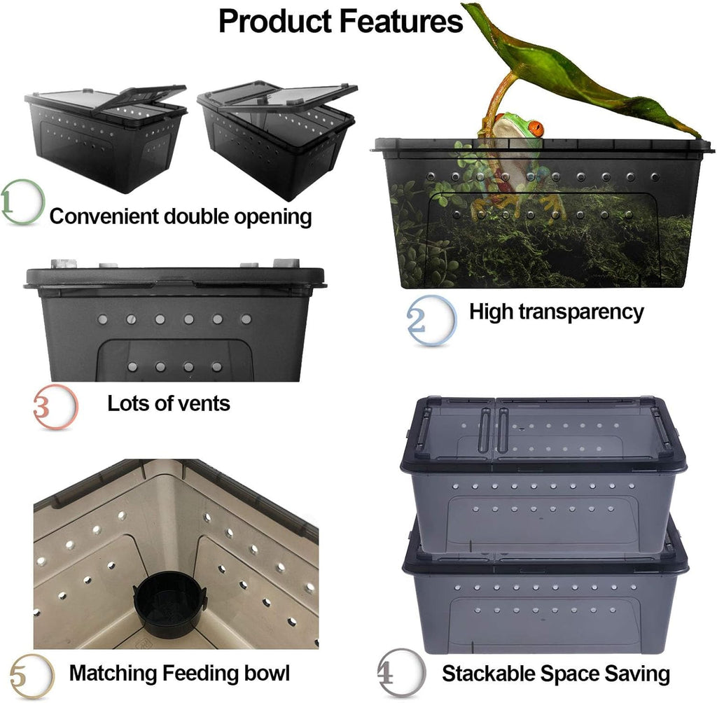 kathson Reptile Snake Feeding Box Portable Transparent Plastic Mini Pet Houses Breeding Hatching Container Lizard Tarantula Habitat for Spider Scorpion Gecko (Black)