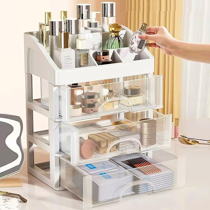Makeup Organizer with 3 Drawers, Cosmetic Display Cases, Makeup Storage Box (3 Drawers) (white)