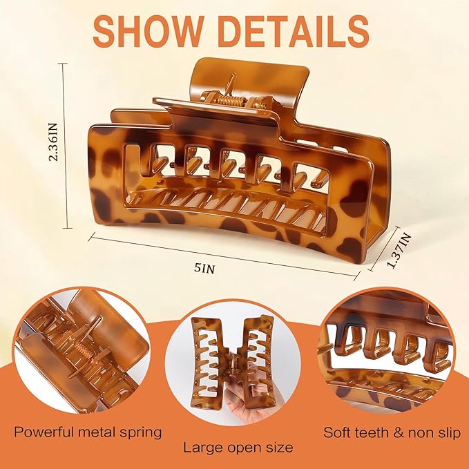 4 PCS Extra Large Claw Clips for Thick Hair, 5 Inch Jumbo Square Hair Clips for Women, Strong Hold Double Teeth Claw Clip for Hat, Non Slip Rectangle Jaw Clips Hair Accessories, Tortoise & Black
