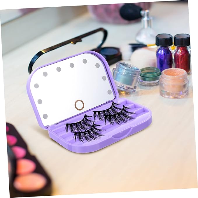 Portable LED Lash Tray Eyelash Storage Case with Mirror Lightweight False Eyelash Holder for Travel and Professional Use Compact Purple Box Organizer