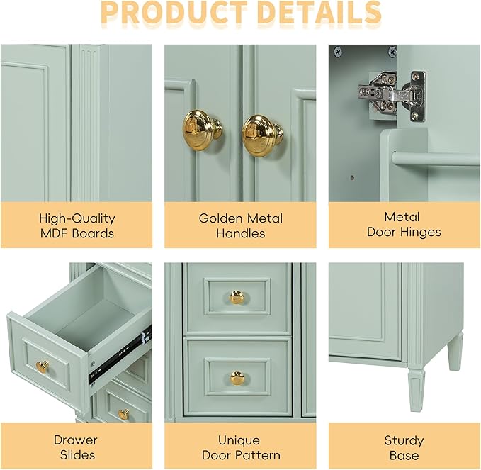 Harper & Bright Designs 36" Bathroom Vanity with Sink, Free Standing Single Basin Vanity Set with Tip-Out Drawer, 3 Drawers, and 2 Doors, Wood Bathroom Cabinet with Ceramic Basin for Bathroom, Green