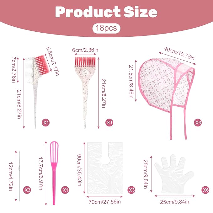 18 PCS Hair Highlighting Kit with Hair Dye Brush and Color Whisk Highlight Frosting Cap with Hook Professional Tint Comb Disposable Gloves Capes Home Use Salon Tools for Tint Dying Coloring