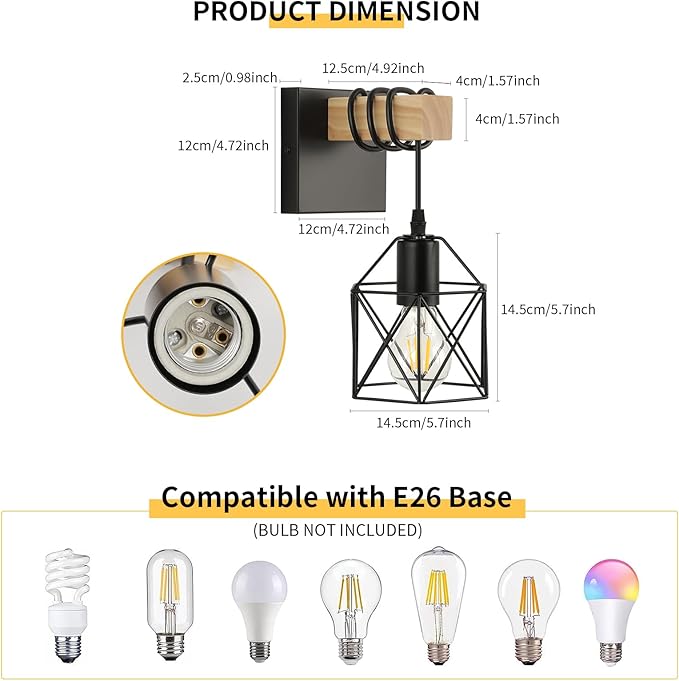 Plug in Wall Sconces Set of Two, Farmhouse Wall Mount Lighting, Black Vanity Lights Fixture for Bathroom with Metal Cage Shade, Wood Rustic Wall Lamp for Hallway, Living Room, Mirror, Bedroom