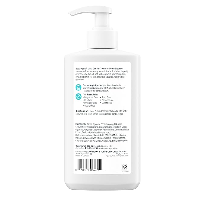 Neutrogena Ultra Gentle Cream to Foaming Face Wash for Sensitive Skin, Fragrance-Free Gentle Facial Cleanser, Hypoallergenic Skin Care, Non-Comedogenic Makeup Remover, 12 fl oz