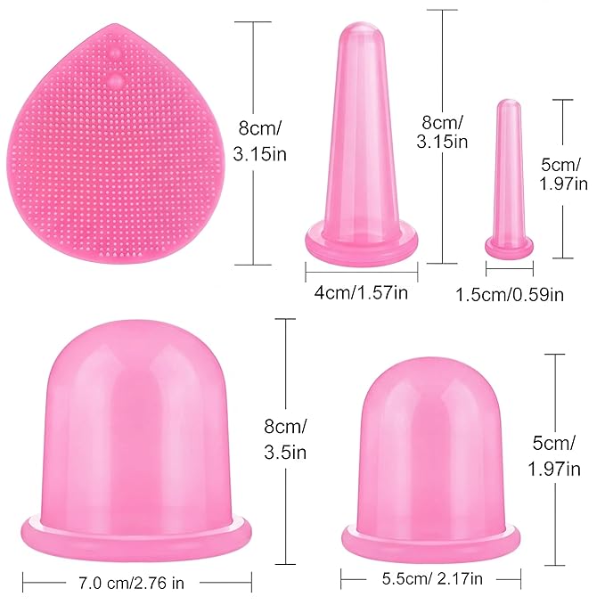 BBTO Silicone Facial Cupping Set, Vacuum Massage Cup Kit for Body, Face, Neck, Back, and Eye, 6 Cups and Exfoliating Brush (Translucent Pink)
