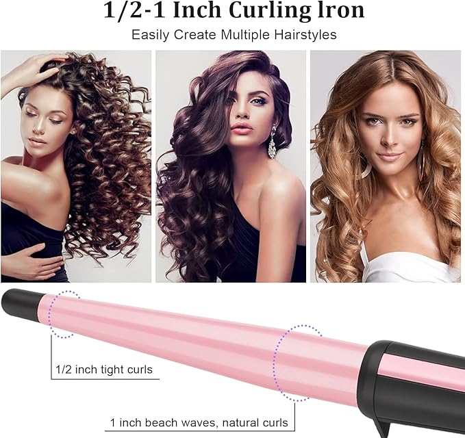 Hair Curling Wand, 0.5-1Inch Tapered Curling Iron, Professional Ceramic Hair Curler Wand with Heat-Resistant Glove, Dual Voltage (Pink)