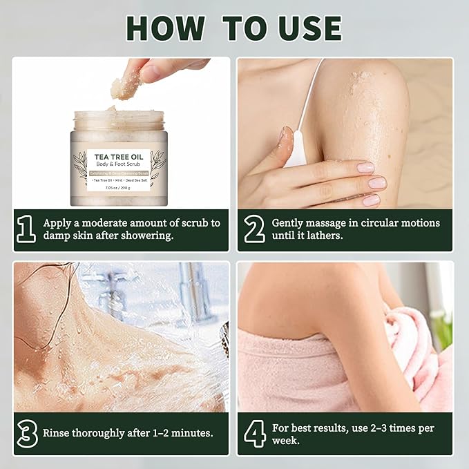 Tea Tree Body & Foot Scrub 7.05oz - Exfoliating & Deep Cleansing Scrub with Natural Tea Tree Oil, Mint & Dead Sea Salt - Refreshing Skin Care for Men & Women - Smooth & Revitalizing Body Scrub
