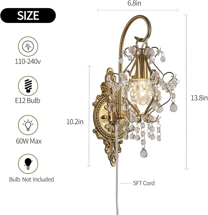 Gold Crystal Vintage Plug in Wall Sconces Set of 2 Indoor Wall Light Fixture, Modern Wall Mount Lamp Light for Bedroom Living Room Bathroom Vanity Light Hallway Light Fixture LED E12