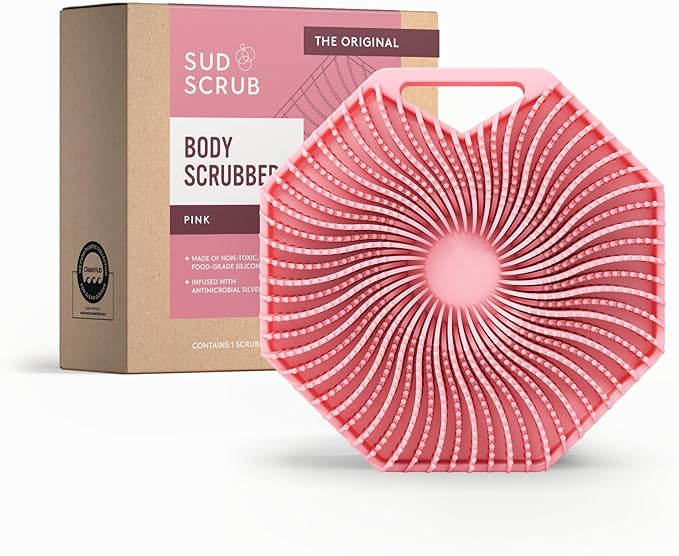 Sud Scrub® Antimicrobial Silicone Body Scrubber, Exfoliating Body Scrubber for Sensitive Skin, Eco Friendly Shower Scrubber for Body, Silicone Body Brush for Showering, Pink