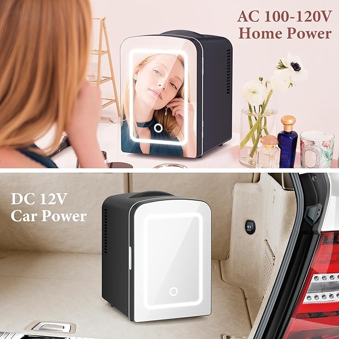 Xbeauty Skincare Mini Fridge With Dimmable LED Mirror, 4L Mini Refrigerator for SkinCare, Cosmetics, Food & Drinks, Portable Small Refrigerator for Bedroom, Dorm, Car, Office, Black