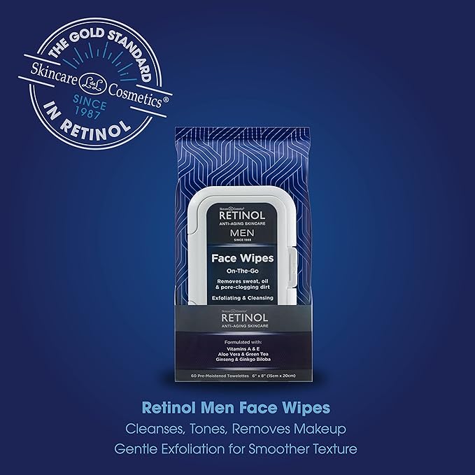 LIVAURA Retinol Men Facial Wipes Anti-Aging Cleansing Towelettes - Quickly cleanse face from sweat, oil and pore-clogging dirt without any heavy residue (60 Count (Pack of 1))