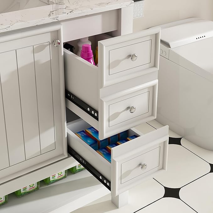 Montary 36" Bathroom Vanity with 37" Artificial Marble Carrara White Top, Modern Stylish MDF Bathroom Storage Cabinet, Freestanding Vanity Set with One Cabinet & 3 Drawers, White (Three Holes)