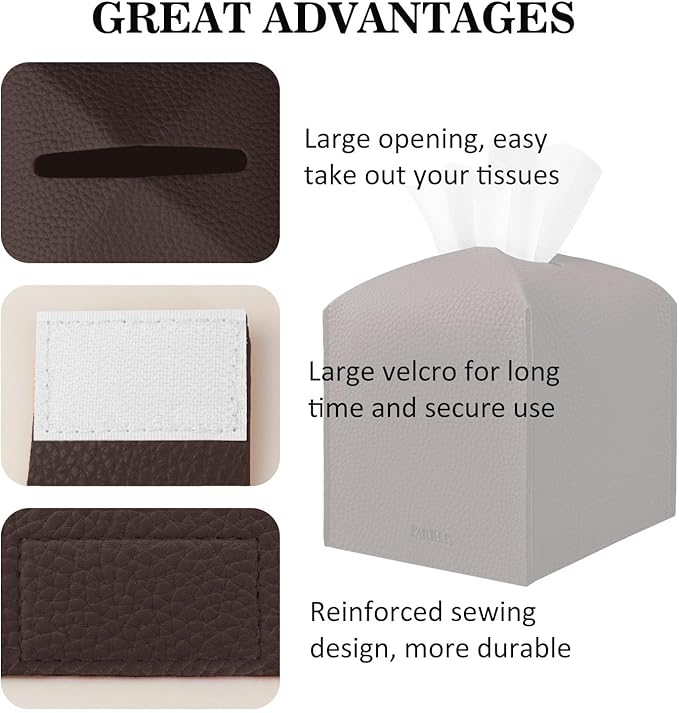 Tissue Box Cover Holder Square Tissue Cube Cover PU Leather Tissue Organizer with Bottom Belt for Bathroom, Tabletop, Car, Night Stands, Office, Home, Kitchen (2, CoffeeBrown)