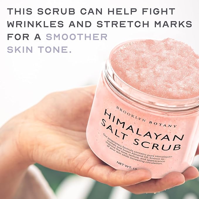 Brooklyn Botany Himalayan Salt Body Scrub - Moisturizing and Exfoliating Body, Face, Hand, Foot Scrub - Fights Stretch Marks, Fine Lines, Wrinkles - Great Gifts for Women & Men - 10 oz