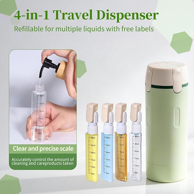 4 in 1 Travel Dispenser, 4 Pack 30ML Travel Bottles for Toiletries, Leak Proof Travel Size Containers, Portable for Shampoo Lotion Conditioner Cream, Green