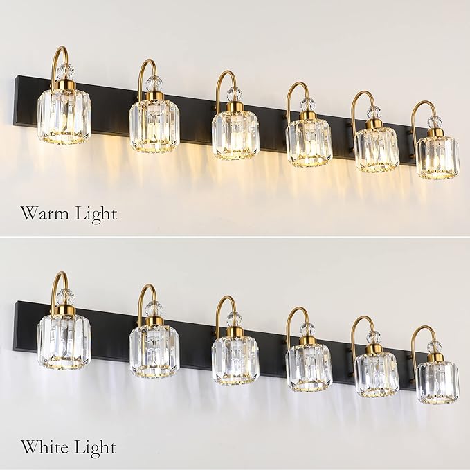 Ralbay Crystal Vanity Lights 6-Lights Modern Crystal Bathroom Vanity Lights Over Long Mirror Modern Black Gold Bathroom Vanity Lighting Fixtures