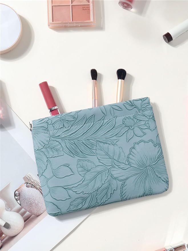 Floral Leather Makeup Pouch Set for Women Small Make Up Bag for Purse Waterproof Initial Makeup Cosmetic Bags Pouches for Purse Aesthetic Travel Toiletry Bag, Blue