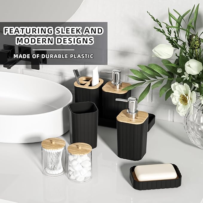 Bathroom Set - 25PC Black Bathroom Set with Shower Curtain and Rugs, Bathroom Accessories Set, Black Shower Curtain Set with Bathroom Trash Can
