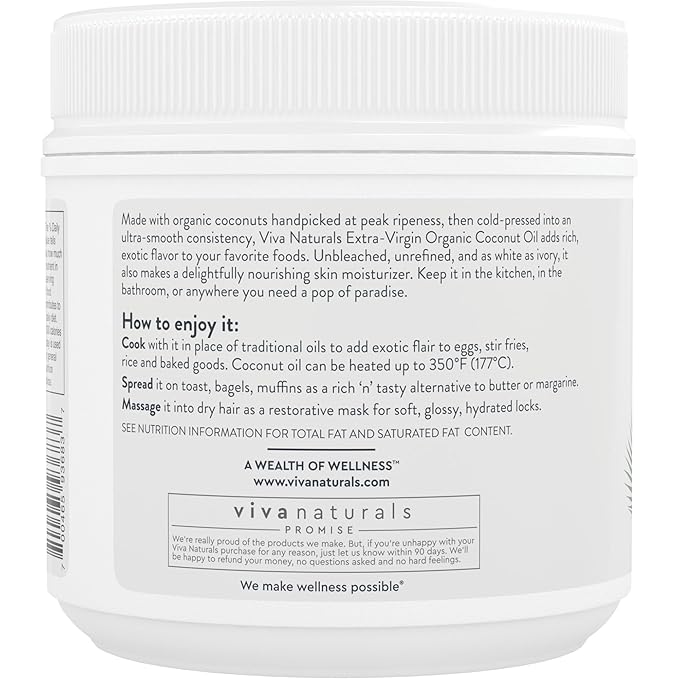 Viva Naturals Organic Coconut Oil, 32 fl oz – Unrefined, Cold-Pressed Extra Virgin Coconut Oil, USDA Organic & Non-GMO, Natural Cooking Oil, Hair Oil & Skin Oil