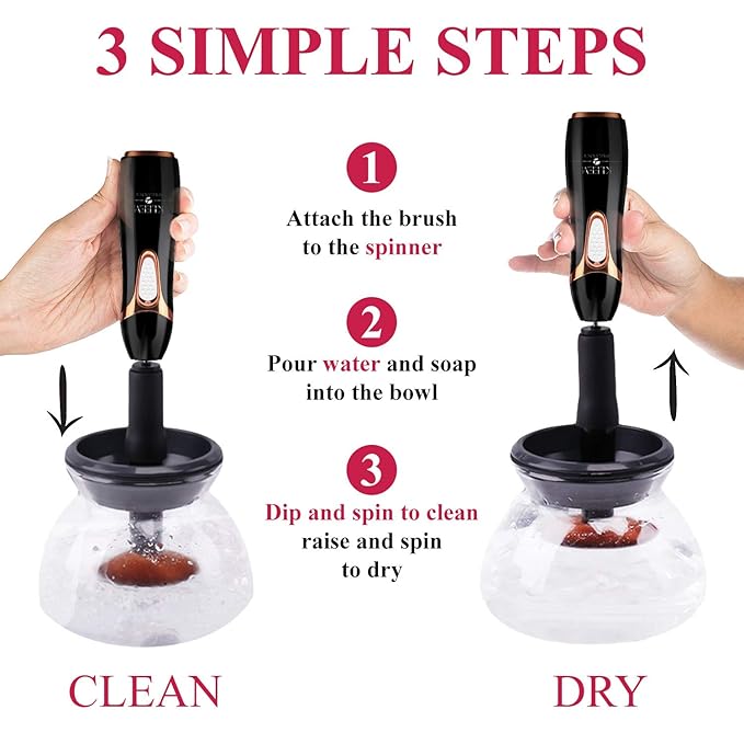 Kleem Electric Makeup Brush Cleaner Machine | Automatic Makeup Brush Washer & Spinning Dryer with Free Cleaner Shampoo | Dual-Fiber Bristles for Eyeshadow & Foundation | Made in USA | Black